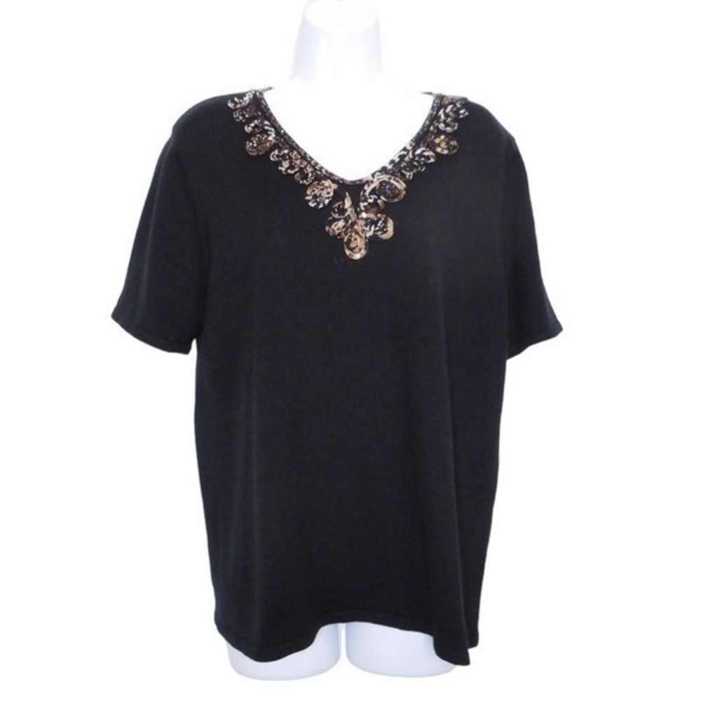 Alfred Dunner‎ Womens Sweater M Black Short Sleeve V-Neck Embellished Pullover